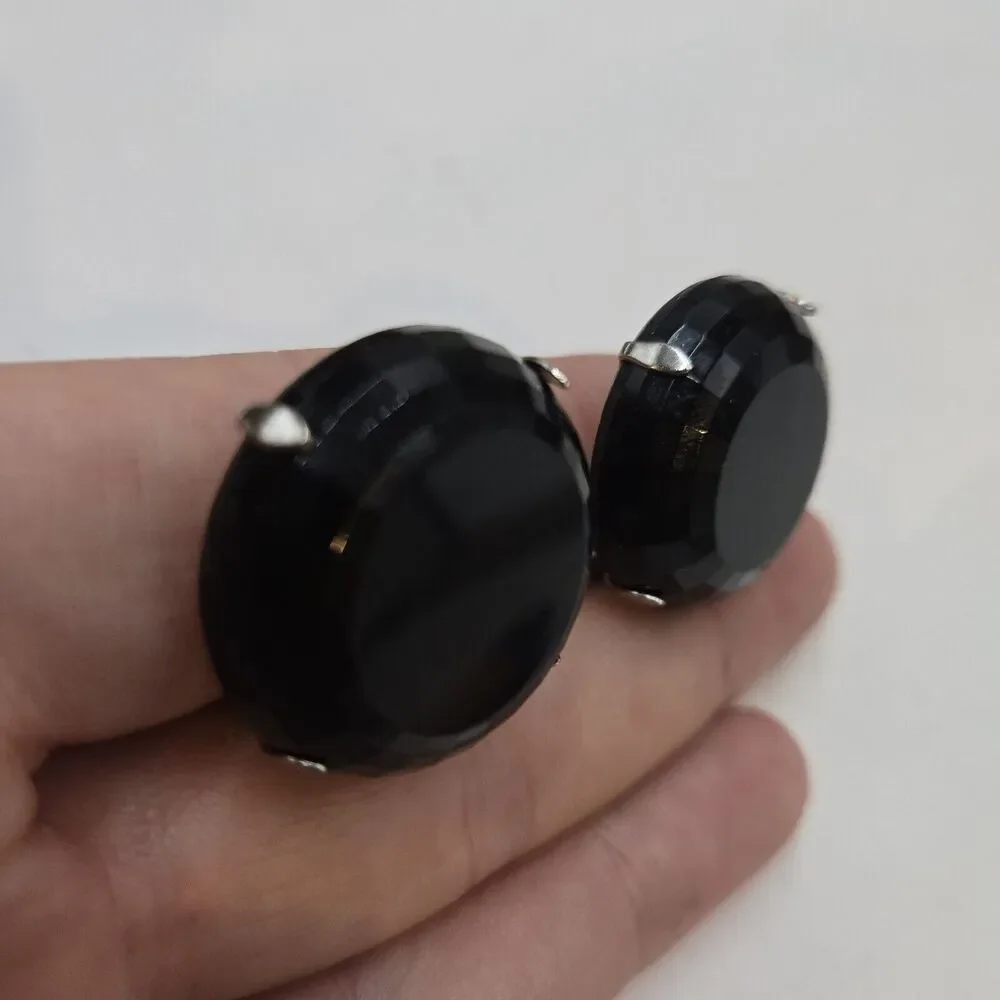 Vintage Signed HOBE Round Black French Jet Button Glass Clip Earrings Faceted